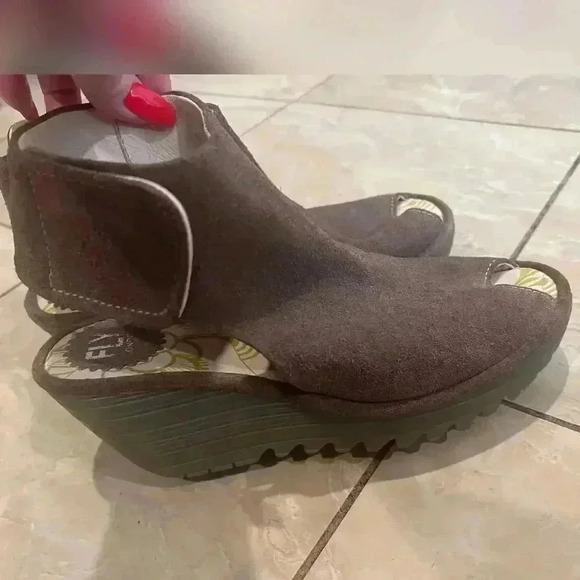 Fly London Yone Brown Suede Peep Toe Wedges - Picture 1 of 5